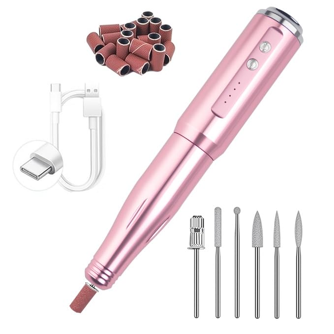 Nail Drill and Dremel - 7-in-1 Portable USB-Powered Nail Care Set with 20000RPM Speed for Gel, Dip Powder, Manicure, Pedicure, Shaping & Polishing, in Elegant Purple (Pink)