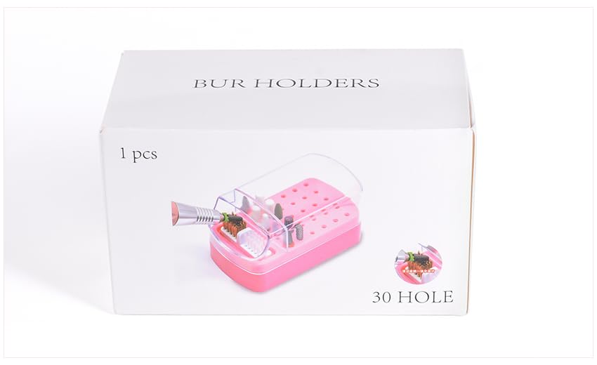 2 in 1 Nail Drill Bit Holder & Nail Drill Bit Cleaner Brush Case 30 Holes Dustproof Nail Drill Bit Display Stand Organizer Box Manicure Drill Bits Cleaning Brush Bits Storage Tool, Rose Red