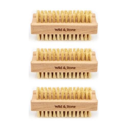 Wild & Stone | Wooden Nail Brush | Double-Sided Natural Sisal Fingernail and Toenail Brush | FSC Certified Beechwood & Sisal Fibres | Vegan & Plastic Free (3 Pack)