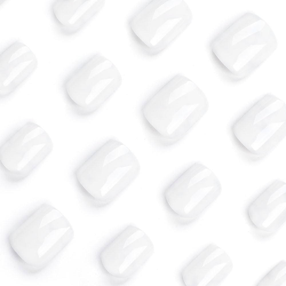 Press on Nails Short Square, Pure White Fake Nails Kit, Fashion Glossy Acrylic Press on Nail, Natural Stick on Nail, Thick Reusable Glue on Nails Short Press on Nail for Women, 30Pcs