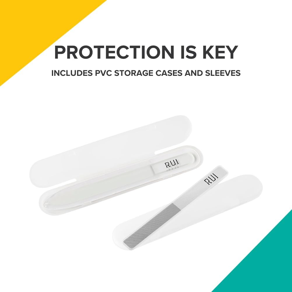 Rui Smiths CarbonConscious Glass Nail File & Nano Glass Buffer Set for Shiny Manicure Grooming - Reusable, Comes with Protective Cases