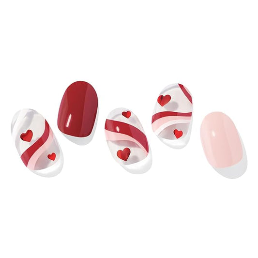 ohora Semi Cured Gel Nail Strips (N Cupid's Trace) - Red, Pattern, Works with Any UV/LED Lamps, Salon-Quality, Long Lasting, Easy to Apply & Remove - Includes 2 Prep Pads, Nail File & Wooden Stick