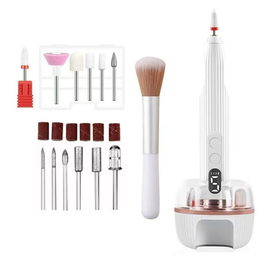 Portable Nail Drill Electric Nail File with UV LED Nail Lamp, 12 Drills and Rechargeable Base, 5 Speeds Hand Foot Care Tool for Grind Trim Polish