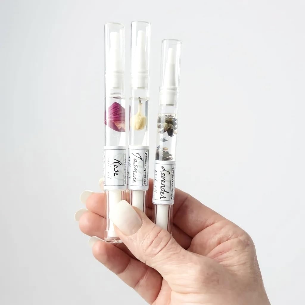 Cuticle Oil Trio – Lavender, Jasmine & Rose Pens with Real Flower Petals – Nourishes, Strengthens, Repairs & Protects – Natural Gift Set (3 Pack)
