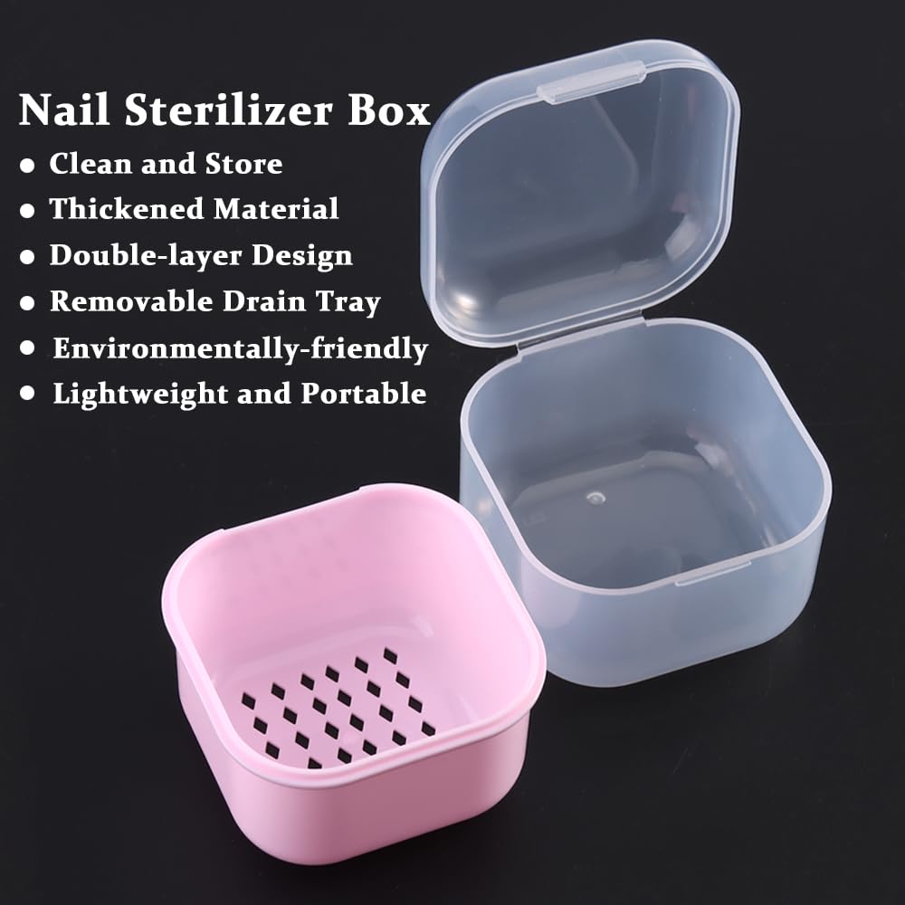 Nail Tool Sterilizer Box Plastic Disinfectant Container for Nail Art Accessories Tools, Portable Nail Drill Bits Sterilizer Tray with Strainer, Soaking Tray Clean Box Manicure Equipment