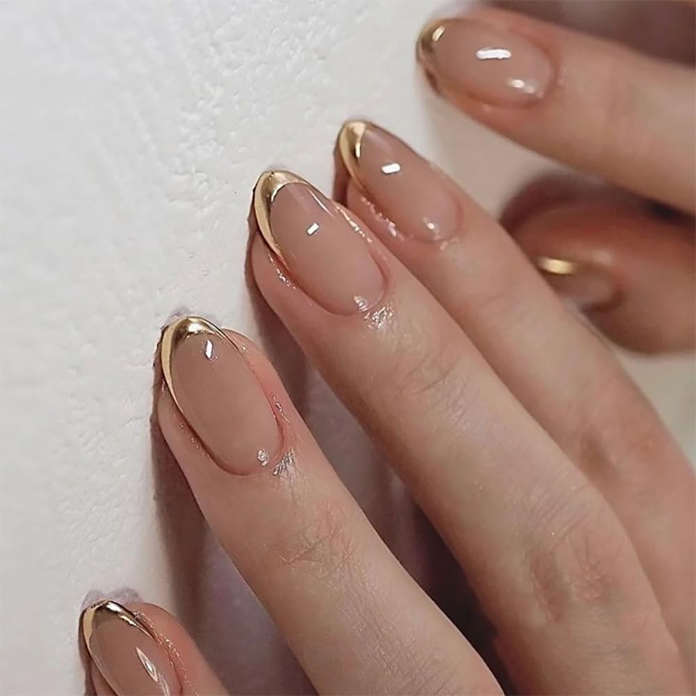 Almond Press On Nails Short, Pink Fake Nails with Elegantly Crafted Gold French Tips, Glossy Gel Finish, Thick Natural Reusable Glue On Nails Kit for Women 24Pcs, Golden French Chic