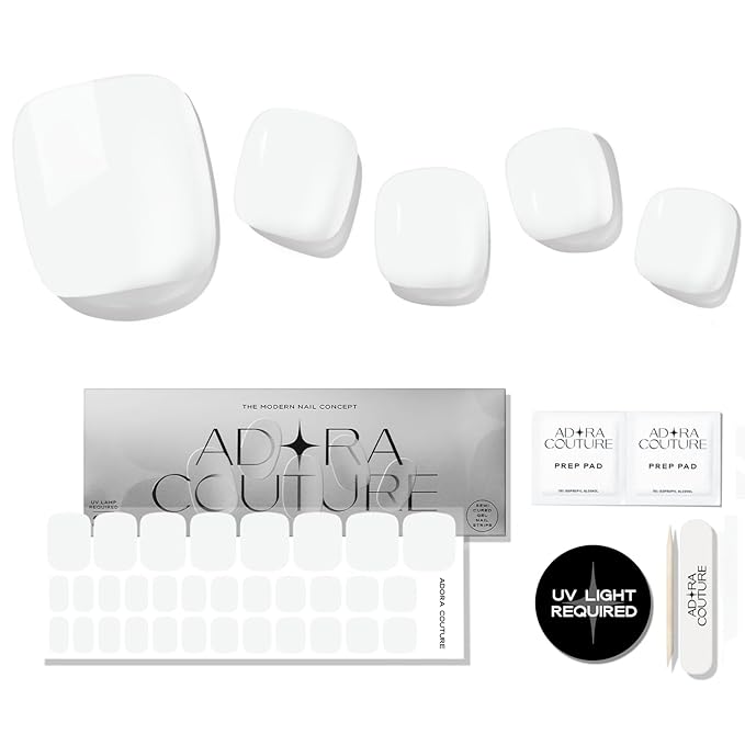 Semi Cured Gel Nail Strips - 32 pcs Gel Pedicure Stickers, Easy to Apply & Remove Toenail Stickers, Salon Quality at Home & Long Lasting - UV Nail Lamp Required - White P