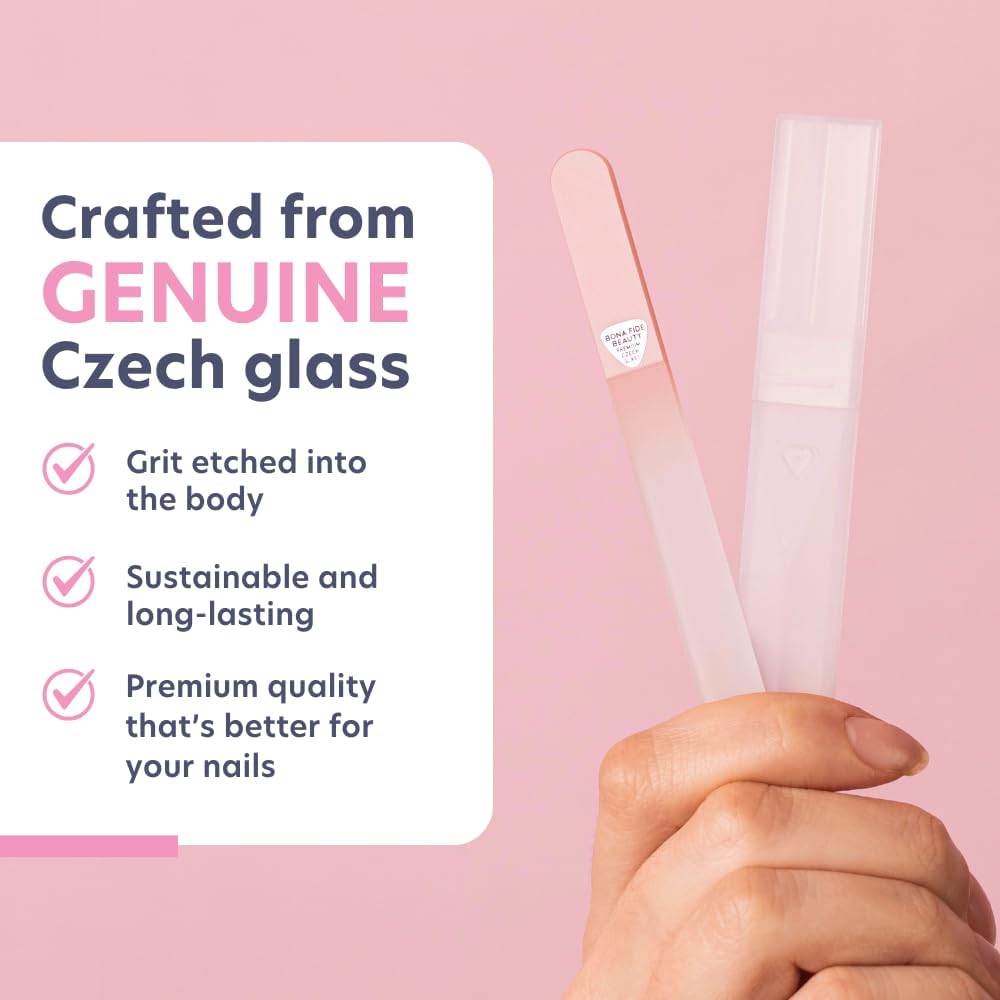 Bona Fide Beauty Czech Glass Nail File for Natural Nails (Peach) - Fine Grit (180/240) Crystal Fingernail File with Clear Case. Travel Friendly Nail Care