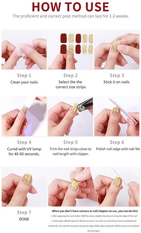 Gel Nail Strips 20 Pcs Wraps - Red Gold Glitter, Easy Apply Gel Nail Stickers Long Lasting, Salon-Quality, 2 Prep Pads, 1 File, 1 Wooden Stick, UV Light Required