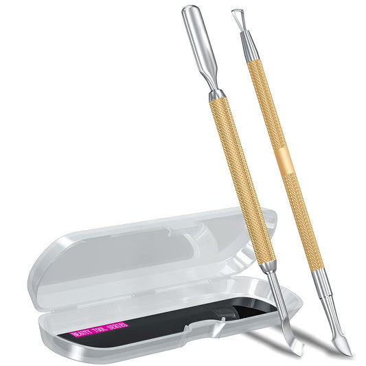 2PCS Metal Champagne Gold Cuticle Pusher and Cutter Remover Salon Quality Stainless Steel Gel Nail Polish Peeler Scraper Durable Manicure and Pedicure Cleaner Tool For Fingernail and Toenail