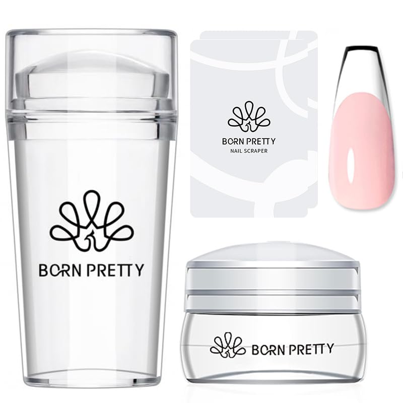 BORN PRETTY French Tip Nail Stamp,4Pcs Nail Art Stamper Kit with Scrapers,Clear Silicone Stamping Long & Short Jelly Stamper Nail Printing Tool for French Manicure Home DIY Salon