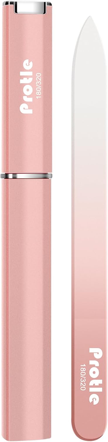 Glass Nail Files for Natural Nails，1pcs Double Sided 180/320 Crystal Nail Filer with Case,Professional Fingernail Files for Women Girls Gifts (Rose Gold)