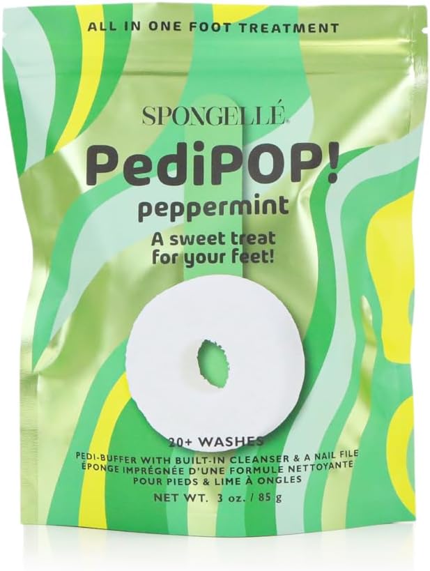 Spongellé Peppermint PediPOP! Pedi Buffer & Nail File | All-in-One Pedicure Treatment | Exfoliates, Softens & Cleanses | 30+ Washes | Vegan & Cruelty-Free