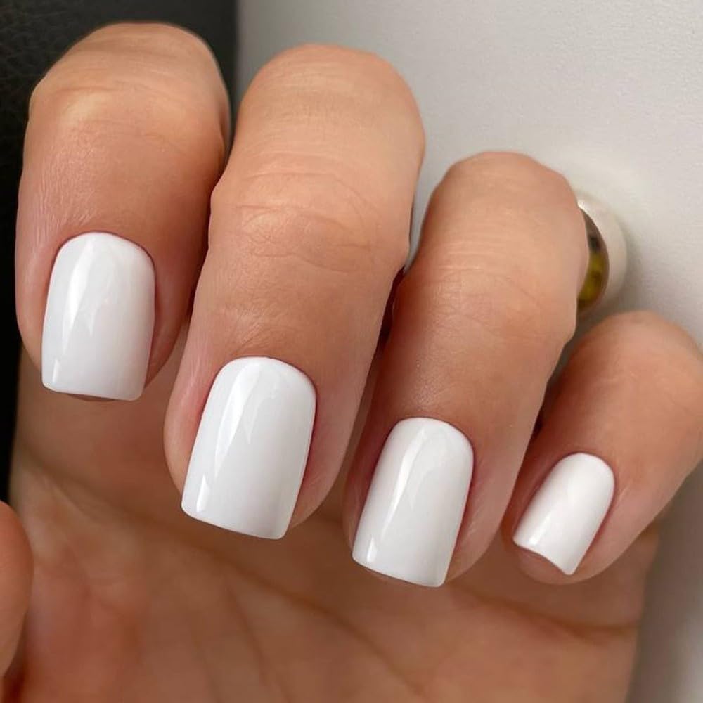 Press on Nails Short Square, Pure White Fake Nails Kit, Fashion Glossy Acrylic Press on Nail, Natural Stick on Nail, Thick Reusable Glue on Nails Short Press on Nail for Women, 30Pcs