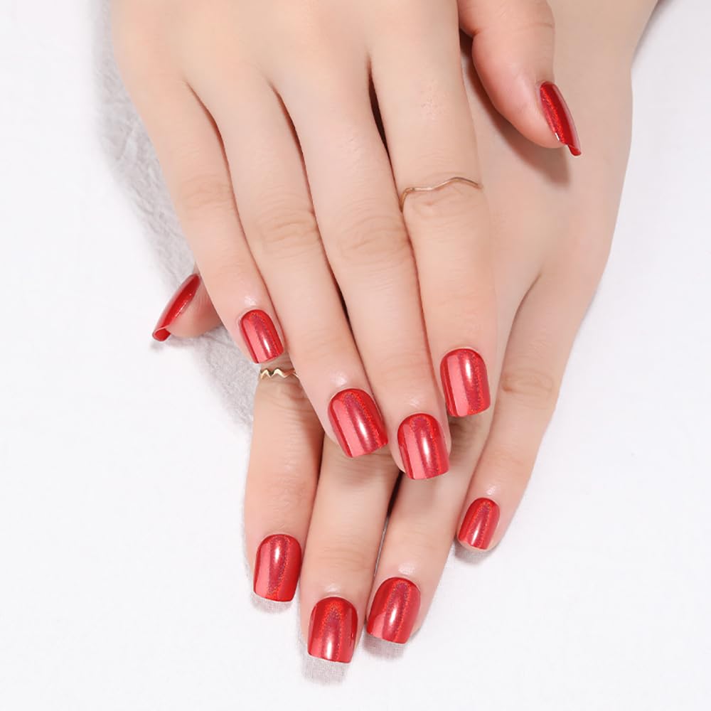 evpct Press on Nails Short Square for Women, Aurora Glazed Red Press on Fake Nails Reusable Glossy Stick on Nail for Women Girls Gift Glue on Nails Kit False Nail Polish Short with Accessories
