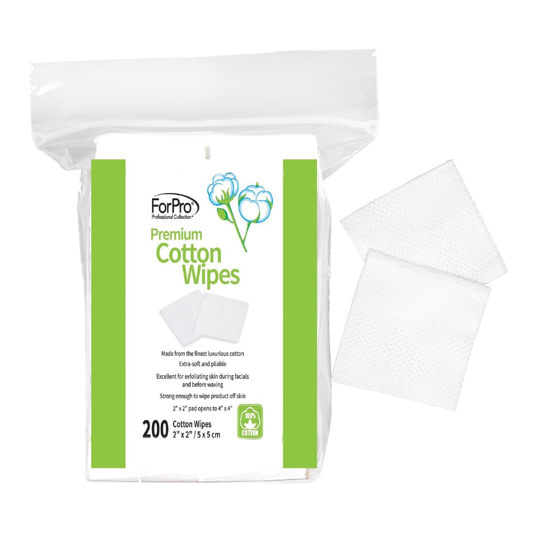 ForPro Professional Collection Premium Cotton Wipes, 100% Cotton, Extra-Soft, for Cosmetic, Nail, and Personal Care, 2” x 2”, 200-Count