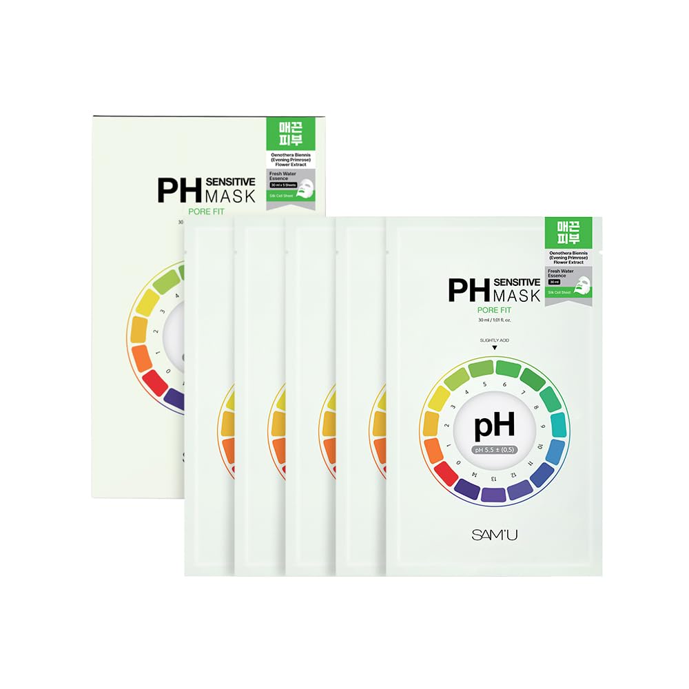 SAM’U PH Sensitive Pore Fit Face Mask – Pore Tightening & Exfoliating Vegan Sheet Mask with AHA, BHA, PHA, LHA, Texture Refining, Travel-Friendly Korean Skincare (5 Sheets)