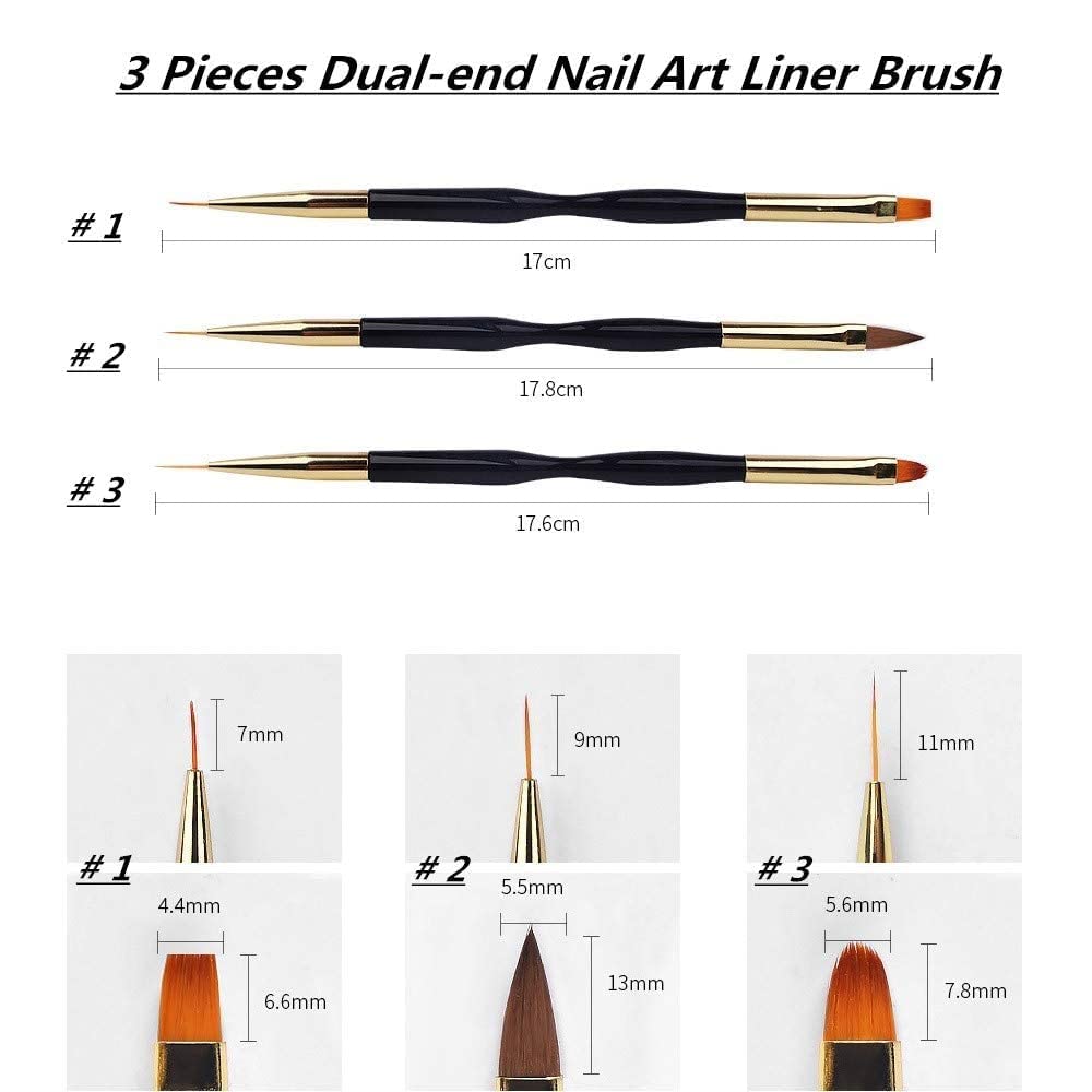 3 Pcs Nail Drawing Pen, Dual End Nail Art Pen Brush Acrylic Round Flat Painting Drawing Liner Nail Tools