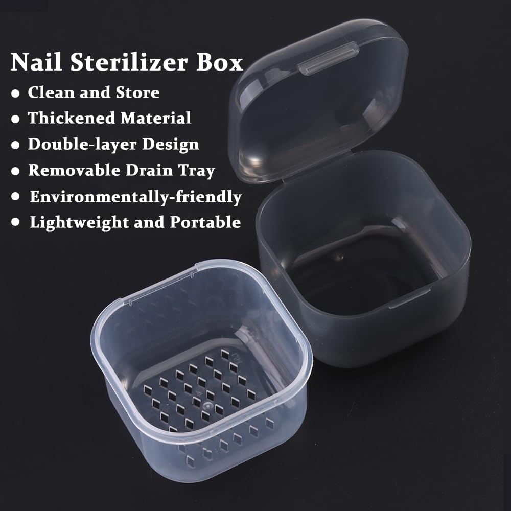 Nail Tool Sterilizer Box Plastic Disinfectant Container for Nail Art Accessories Tools, Portable Nail Drill Bits Cleaning Case Sterilizer Soaking Box with Strainer Pedicure Manicure Equipment