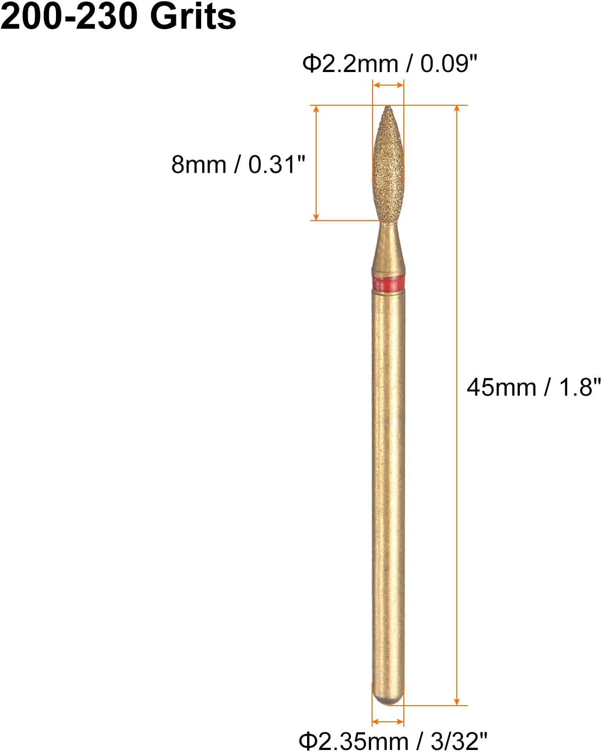 HARFINGTON 8pcs 200-230 Grits Diamond Grinding Bit 2.2mm Oval Head 2.35mm Shank 8mm Length Titanium Plated Stone Sanding Drill Bits Rotary Tool for Nails Grinding Polishing