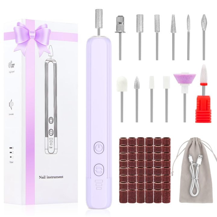 Professional Nail Drill Set, 2,0000 RPM Electric Nail File with 12 Grinding Head & 100Pcs Sanding Bands for Acrylic Gel Nails, Manicure and Polishing (Light Purple)