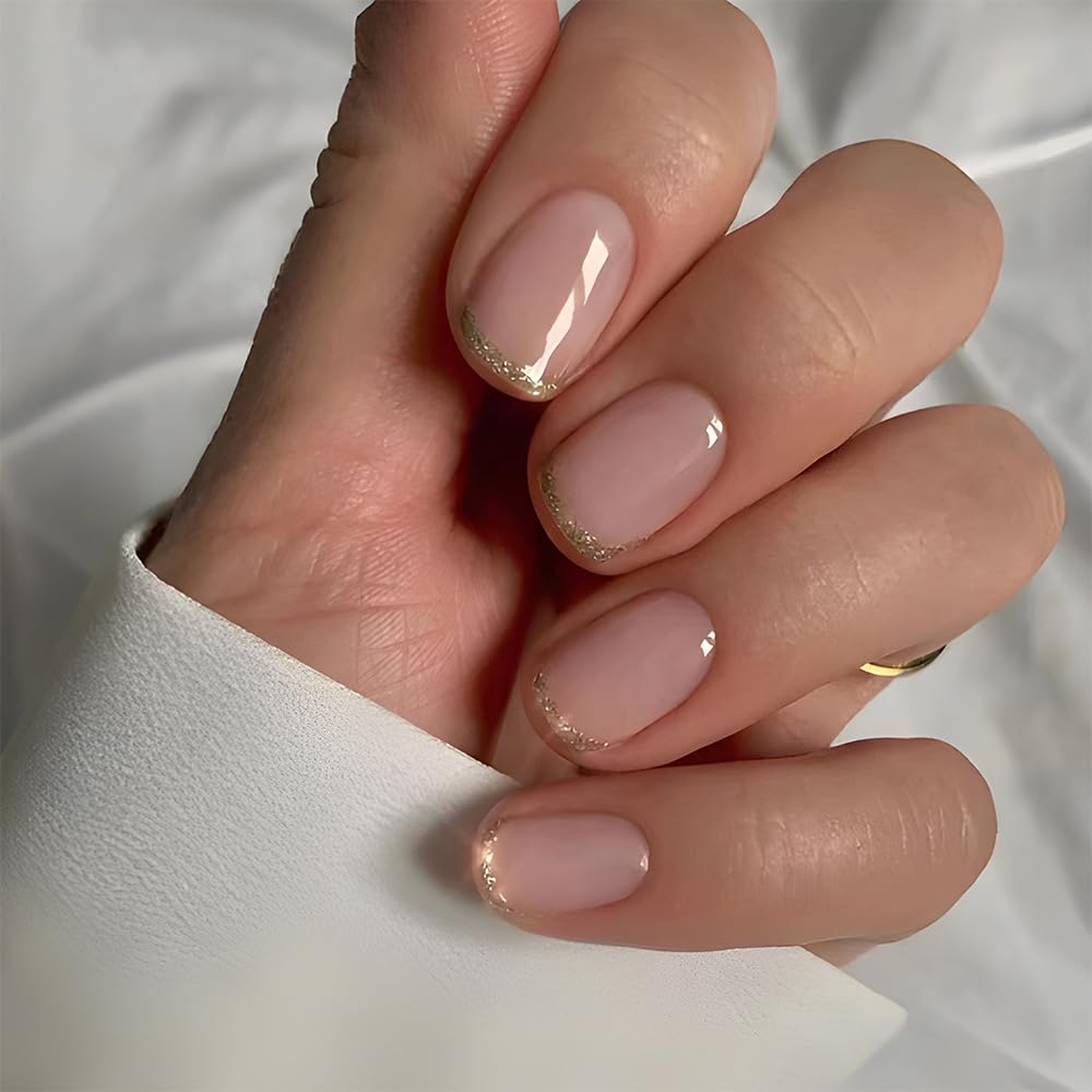 Press On Nails Short Square, Pink Fake Nails with French Tips and Gold Border Accent Glitter Designs, Glossy Gel Finish Acrylic Nails Press Ons Short, Thick Natural Reusable Glue On Nails Kit