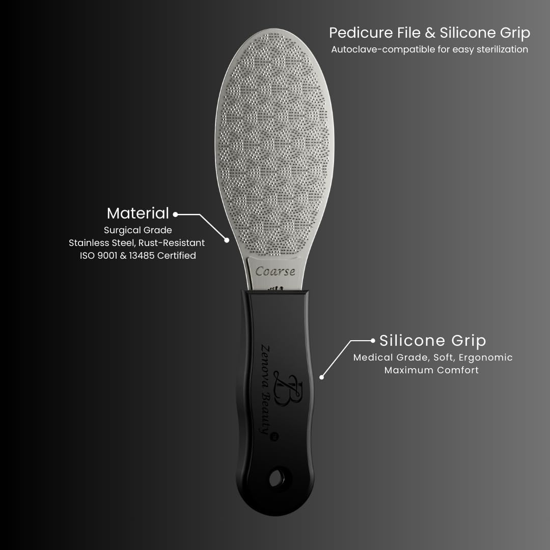 Stainless Steel Foot File with Silicone Grip – Professional Podology Pedicure Tool, ISO Certified, 3000+ Pedicures, Callus Remover, Safe for Diabetics, 2-Year Warranty (Jet Black)