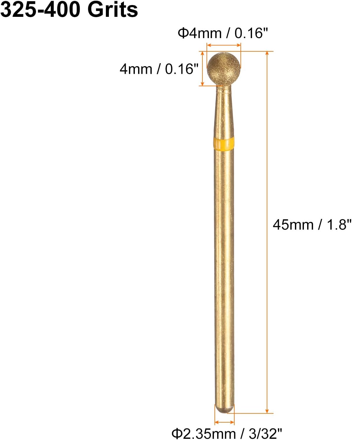 HARFINGTON 6pcs 325-400 Grits Diamond Grinding Bit 4mm Ball Head 2.35mm Shank 4mm Length Titanium Plated Stone Sanding Drill Bits Rotary Tool for Nails Grinding Polishing