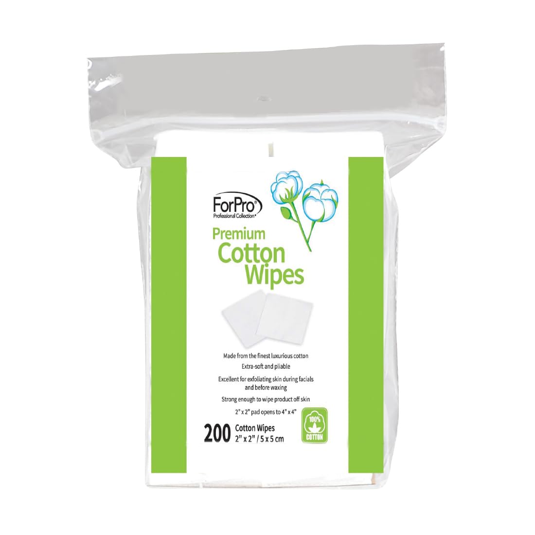 ForPro Professional Collection Premium Cotton Wipes, 100% Cotton, Extra-Soft, for Cosmetic, Nail, and Personal Care, 2” x 2”, 200-Count