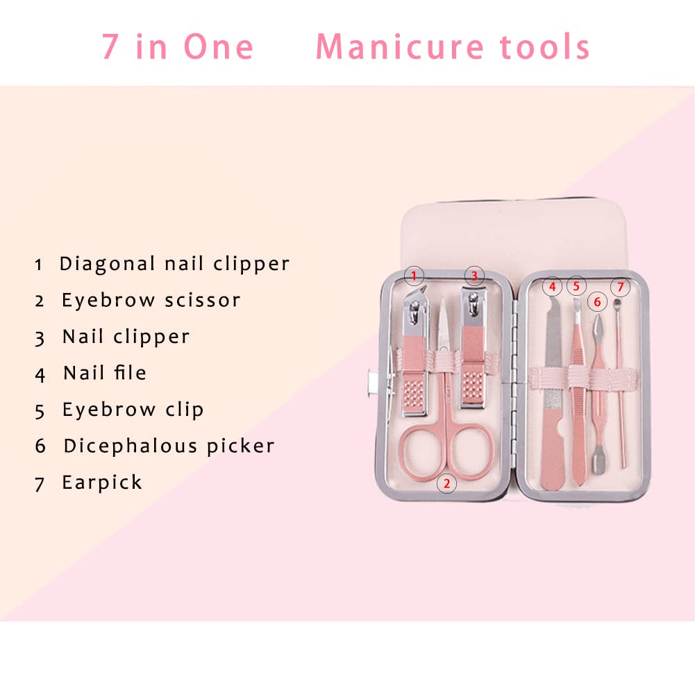 Pink Manicure Set Beauty Tool Portable - Nail Clipper Pedicure Grooming Kit Stainless Steel 7 in 1 Luxury Leather Travel Case, for Woman Girl Home Travel Gift Giving