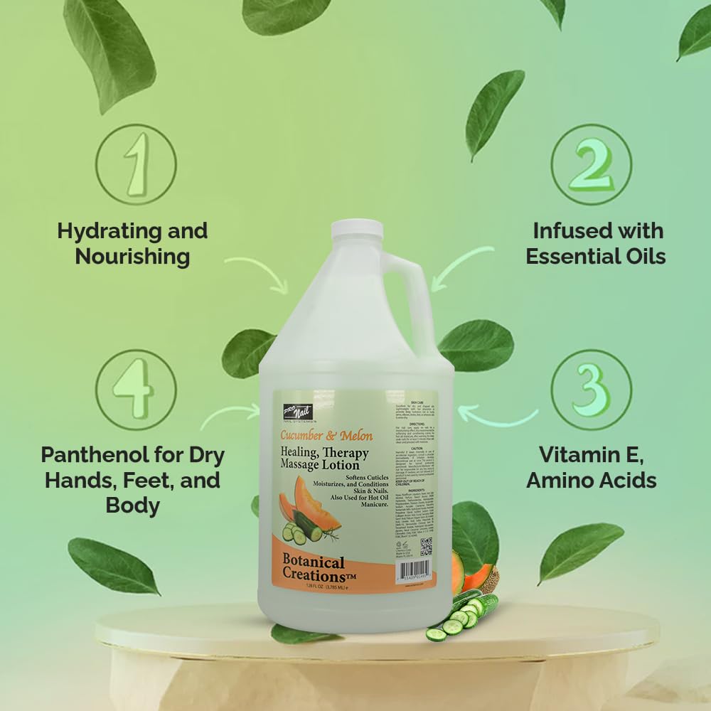 PRO NAIL - Healing Therapy Massage Lotion - Professional Pedicure, Body and Hot Oil Manicure, Infused with Natural Oils, Vitamins, Panthenol and Amino Acids (Cucumber and Melon, 1 Gallon)
