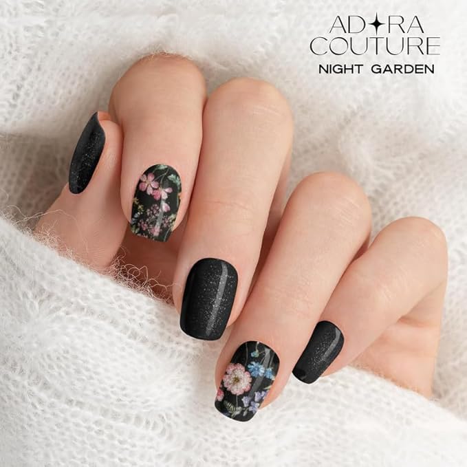 Semi Cured Gel Nail Strips with 30 Pieces - UV Gel Stickers, Manicure Kit, Easy Application Wraps Includes Prep Pads, Nail File, Wooden Stick - UV Light Required (Black Garden)