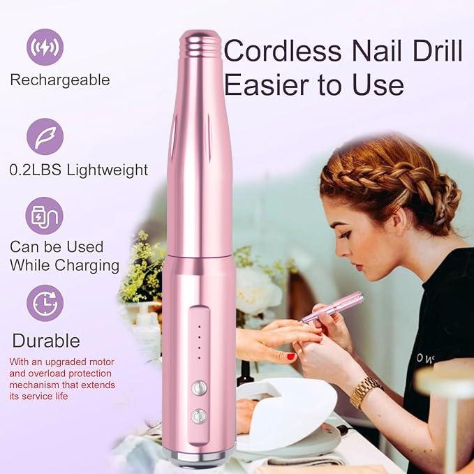 Nail Drill and Dremel - 7-in-1 Portable USB-Powered Nail Care Set with 20000RPM Speed for Gel, Dip Powder, Manicure, Pedicure, Shaping & Polishing, in Elegant Purple (Pink)