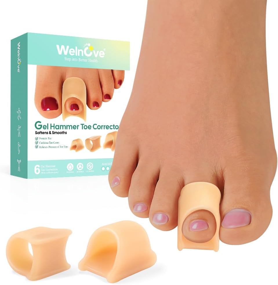 Welnove Hammertoe Corrector - 6 Pack Toe Splints - Soft Gel Toe Straighteners - Realign Bent, Curled, Crooked, Claw, Hammer Toes - Corrector for Men and Women, Large (Beige), FSA or HSA Eligible