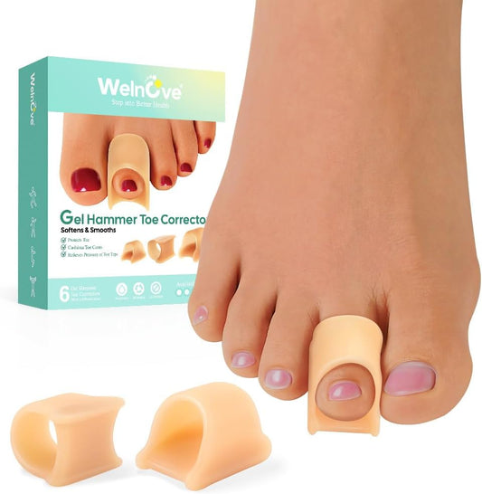 Welnove Hammertoe Corrector - 6 Pack Toe Splints - Soft Gel Toe Straighteners - Realign Bent, Curled, Crooked, Claw, Hammer Toes - Corrector for Men and Women, Large (Beige), FSA or HSA Eligible
