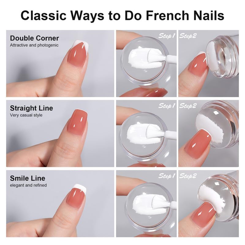 8Sets French Nail Art Stamper, with Nail Scraper and Replaceable Stamper Head, Home Manicure Starter Tool Salon, French Silicone Nail Stamper Kit for DIY Nail Decor