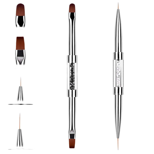 2PCS Professional Nail Art Brushes Set – Dual-Ended French Manicure & Gel Liner Brush with Rhinestone Handle, Acrylic Nails & Home Nail Design (Round head, flat head, wire drawing)