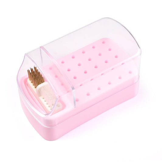 2 in 1 Nail Drill Bit Holder & Nail Drill Bit Cleaner Brush Case 30 Holes Dustproof Nail Drill Bit Display Stand Organizer Box Manicure Drill Bits Cleaning Brush Bits Storage Tool, Pink