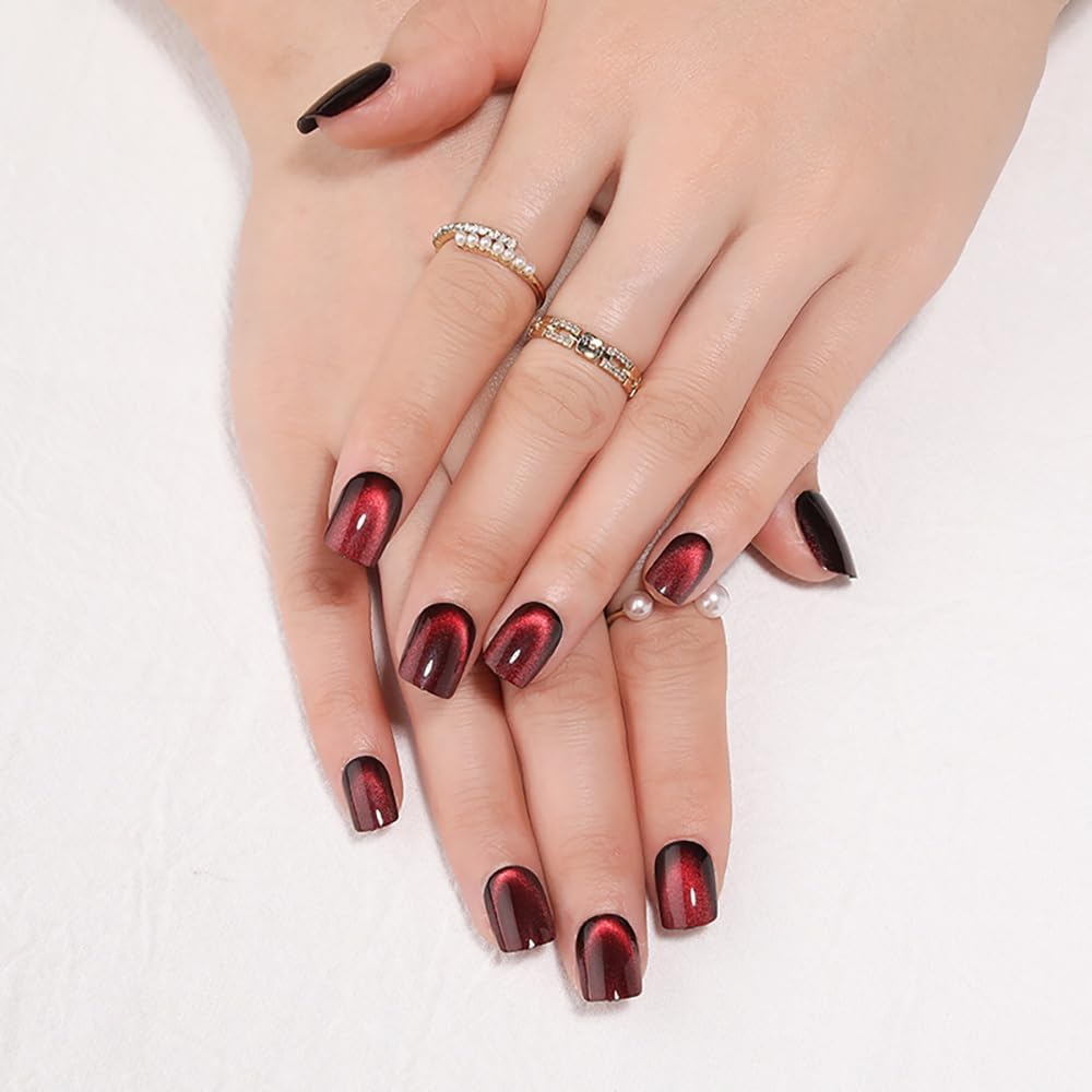 evpct Wine Red Cat Eye Extra Short Press on Nails Square, Petite Short Square Glue on Nails for Women Gift, Black Wine Red Metallic Glitter Glossy Reusable Gel Press on Acrylic Fake Nail with Designs
