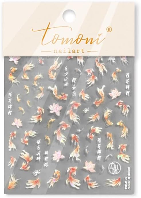Goldfish Nail Art Stickers Sparkly Koi Fish Nail Stickers 5D Embossed Koi Lotus Lucky Red Self-Adhesive Nails Design Shell Light Goldfish Adhesive Slider for Women DIY Nails Art Decorations