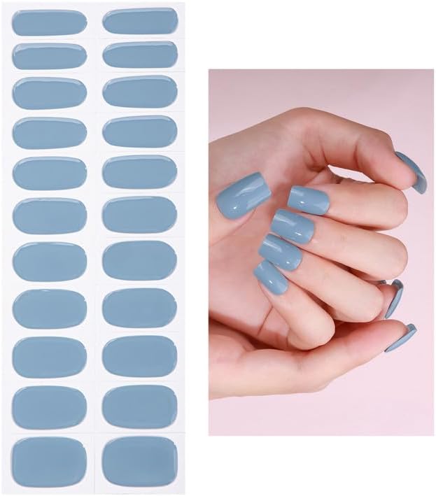 No Lamp Gel Nail Strips 22 Pcs Wraps - Muddy Blue, Solid, Easy Apply Gel Nail Stickers Long Lasting, Salon-Quality, 2 Prep Pads, 1 File, 1 Wooden Stick