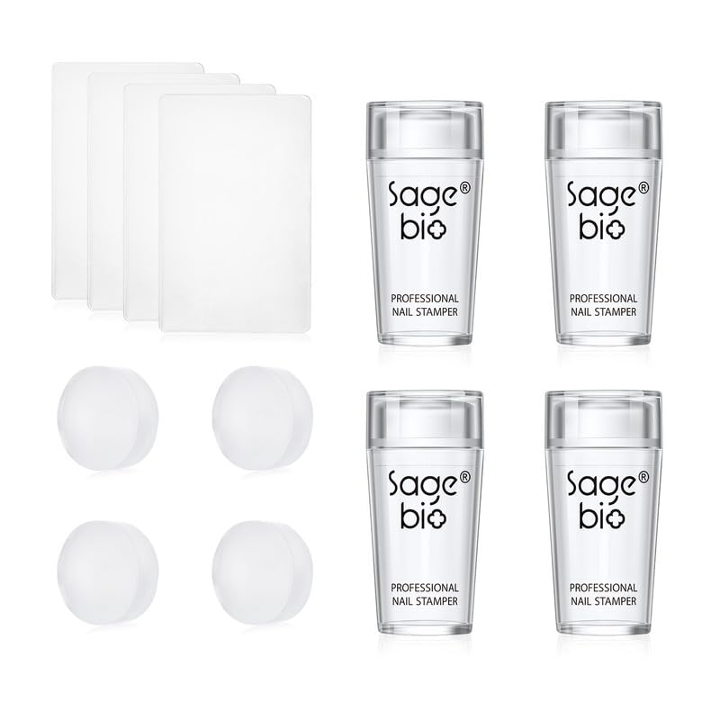 4Sets French Nail Art Stamper, with Nail Scraper and Replaceable Stamper Head, Home Manicure Starter Tool Salon, French Silicone Nail Stamper Kit for DIY Nail Decor