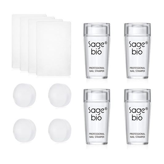 4Sets French Nail Art Stamper, with Nail Scraper and Replaceable Stamper Head, Home Manicure Starter Tool Salon, French Silicone Nail Stamper Kit for DIY Nail Decor