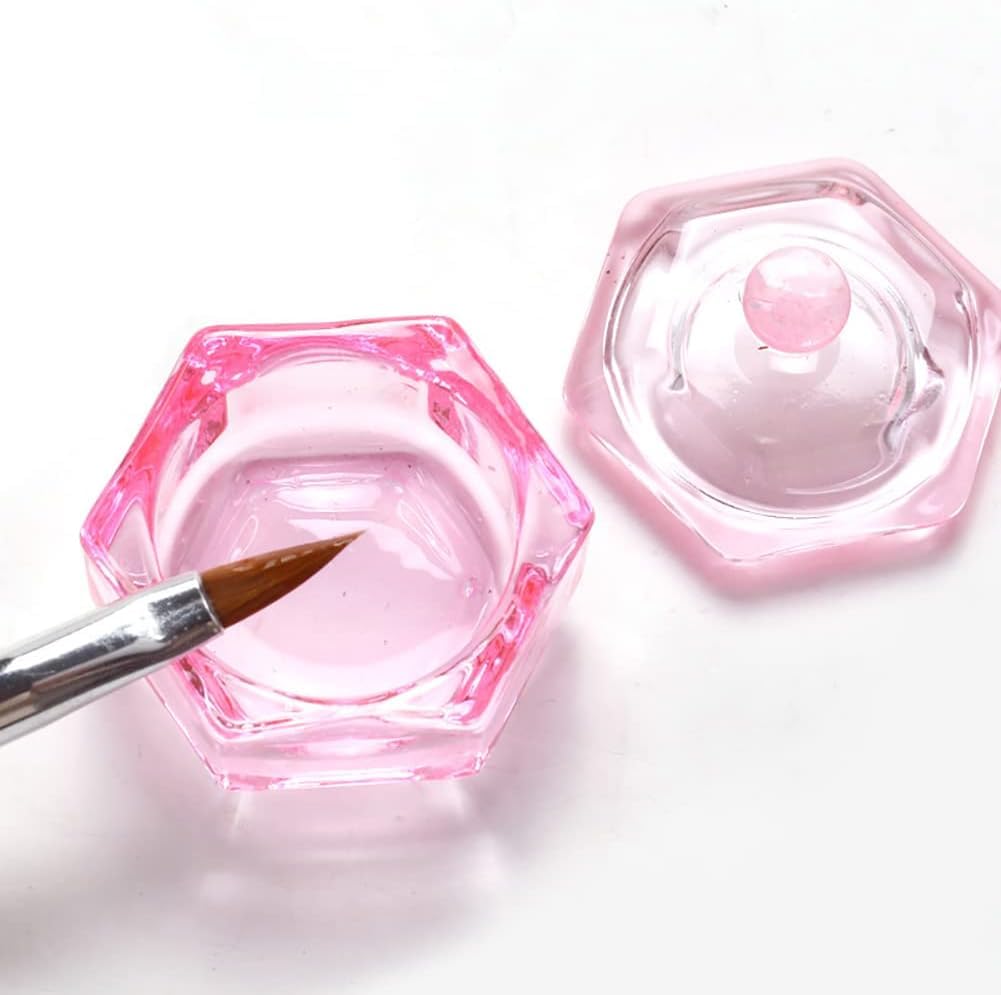 2 Pcs Pink Glass Nail Art Cups Nail Dipping Jars Nail Dappen Dishes Bowls Nail Powder Holders Nail Liquid Containers with Lid Nail Salon Supplies Hexagon Nail Art and Polish