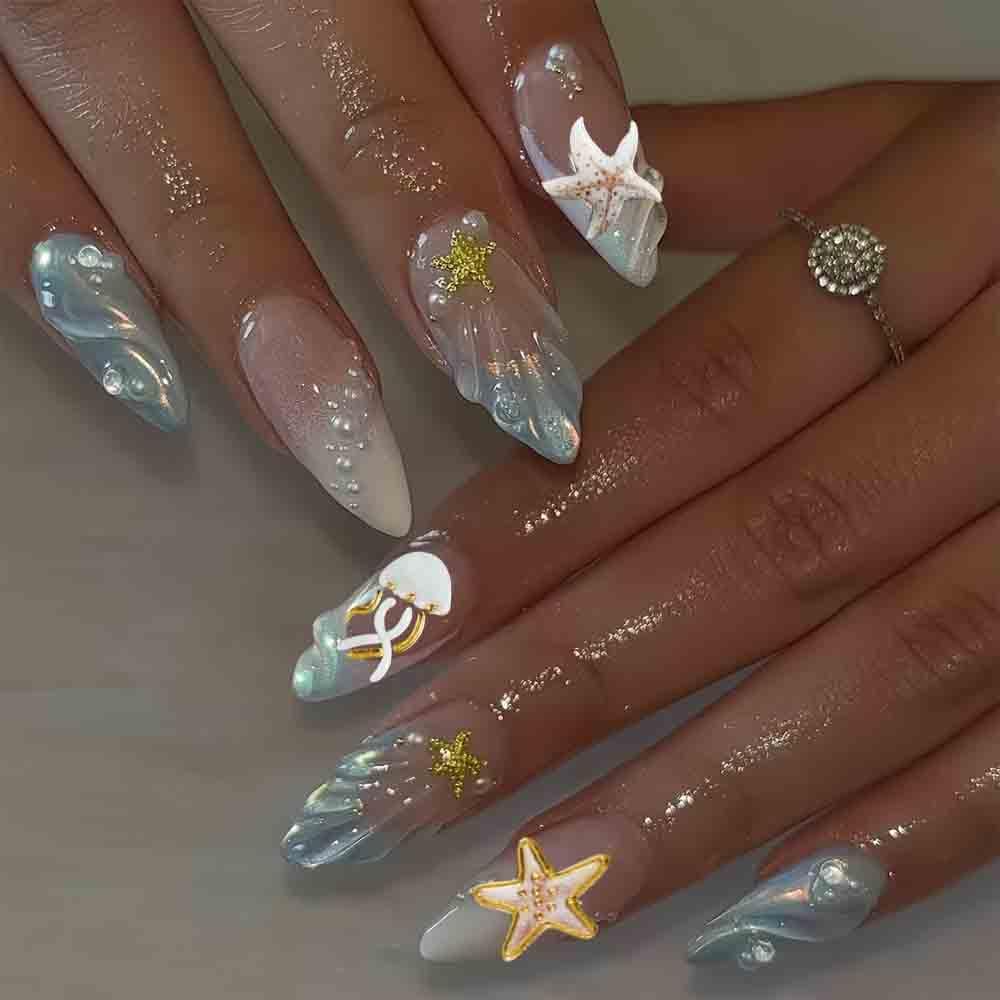 3D Beach Theme Nail Art Stickers, Starfish and Seashell Design, Gold Accents, 4 Sheets