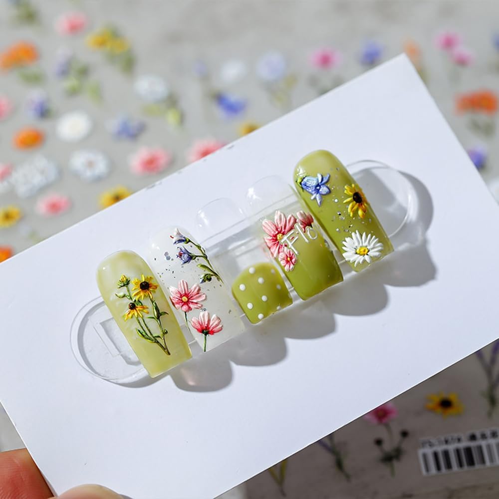 1Pcs Embossed Flower Nail Stickers Small Daisy Nail Decals 5D Embossed Wildflower Nail Art Stickers Spring Summer Self-Adhesive Nail Supplies Flower Design Nail Art Decoration for Women Girls Kids