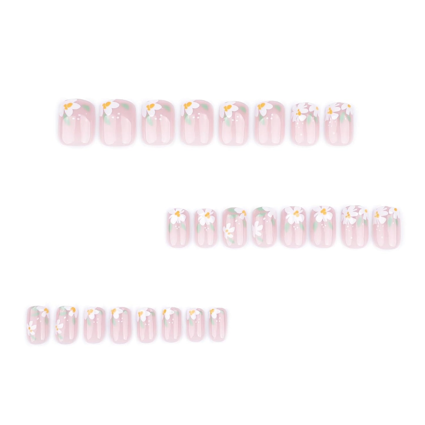 Nude Pink Press On Nails Square Short, Daisy Flower Fake Nails with White Floral Design, Natural Glossy Finish Reusable Acrylic Nails, Glue On Nail Kit for Women, 24Pcs