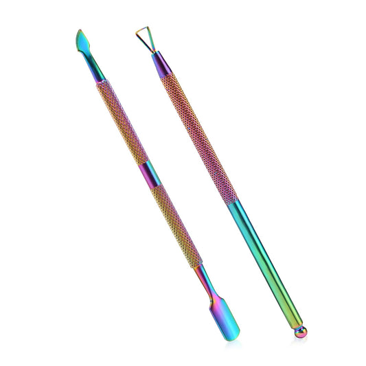 2PCS Cuticle Pusher and Cutter with Storage Case,Professional Cuticle Pusher Nail Polish Remover Stainless Steel Manicure Tool Set,Durable Pedicure Manicure Tools for Fingernails Toenails (Chameleon)
