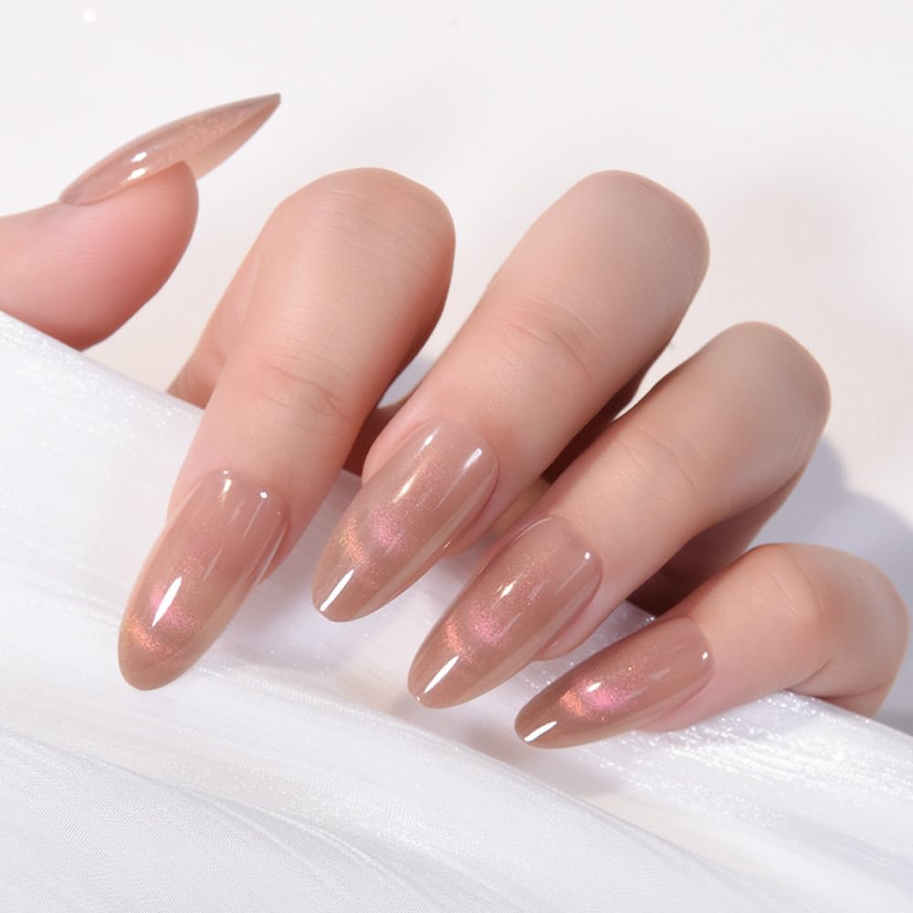 evpct Nude Brown Cat Eye Press on Nails Almond Medium, Medium Almond Glue on Nails for Women Gift, Iridescent Pink Smile Curve Metallic Glitter Reusable Gel Press on Acrylic Fake Nail with Designs