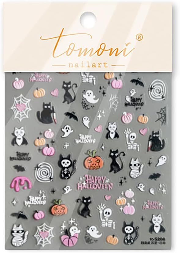 Halloween Nail Stickers for Nail Art 5D Embossed Halloween Ghost Nail Art Stickers Gothic Nails Designs Spider Web Pumpkin Bloody Cat Nails Supplies for Women Holiday DIY Manicure Decorations
